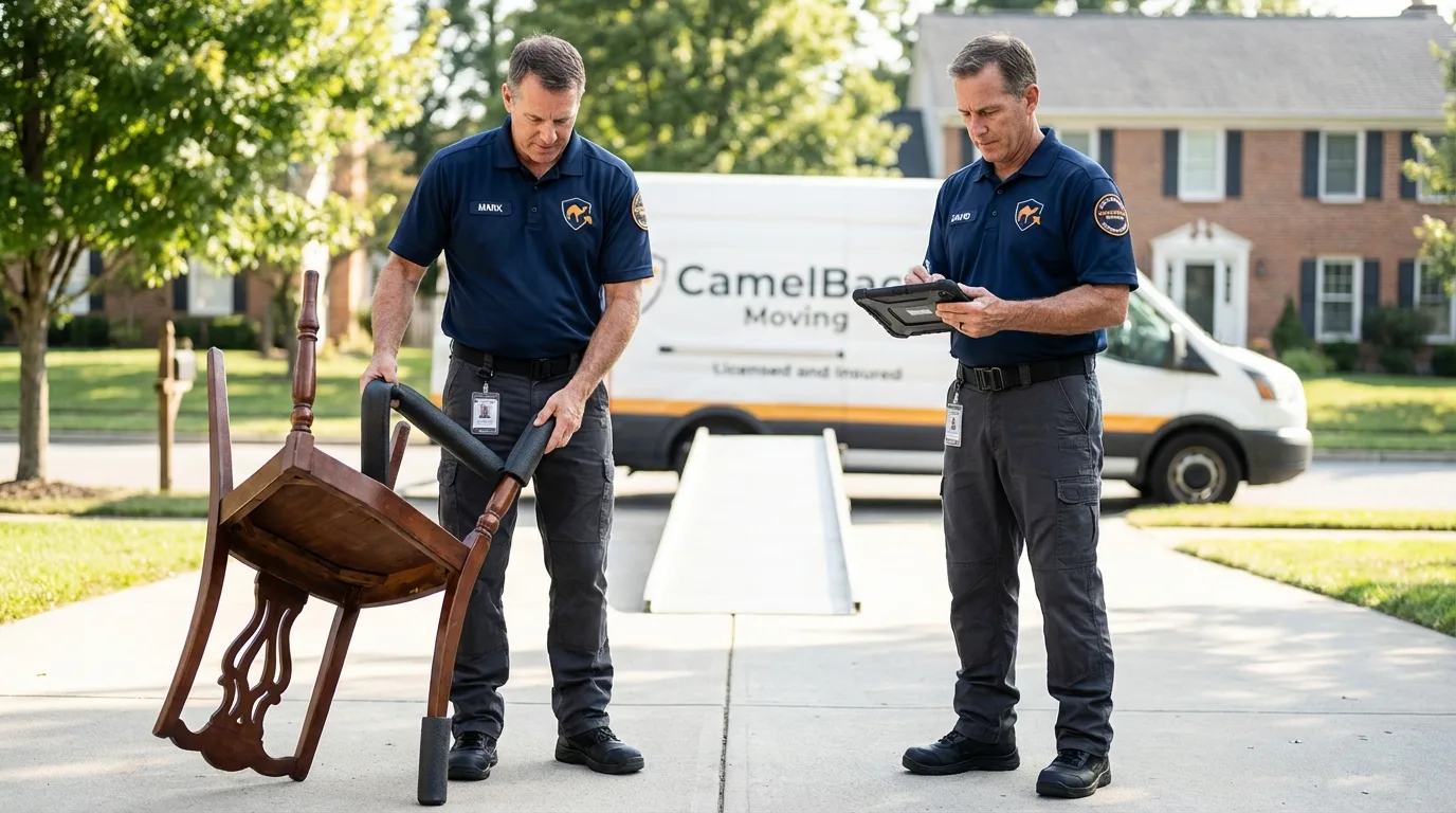 Movers inspecting furniture for damage prevention before loading in Royal City, WA