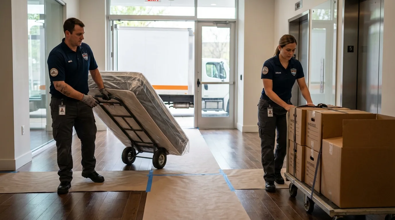 Professional apartment movers loading elevator in Royal City, WA