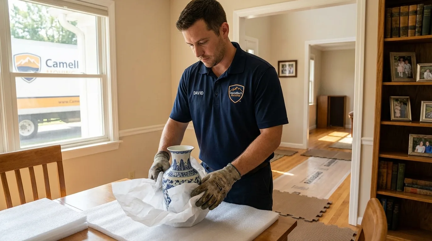 Professional crew carefully wrapping antique vase for senior downsizing move in Royal City, WA